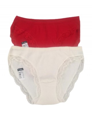 Kadın Dantelli Slip Çamaşır Set, 2 Adet, Kırmızı ve Krem