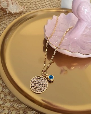 Kadınların Yeni Sezon Çiçek Desenli Hayat Kolyesi - Nazar Boncuğu Detaylı Küp Zincir İle