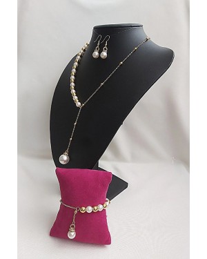 Yarı Top Zincir Yarı İnci Oval İncili Kadın Kolye Bilezik Küpe Takı Seti - Zarif İnci Takı Seti