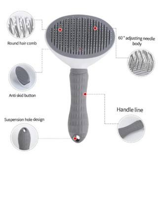 Automatic Cleaning Buttoned Pet Brush Cat Dog Hair Collector Comb Gray