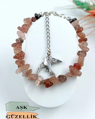 Doğal Taş Gül Kuvars Kadın Bileziği - Kırık Taş Hediye Bilezik