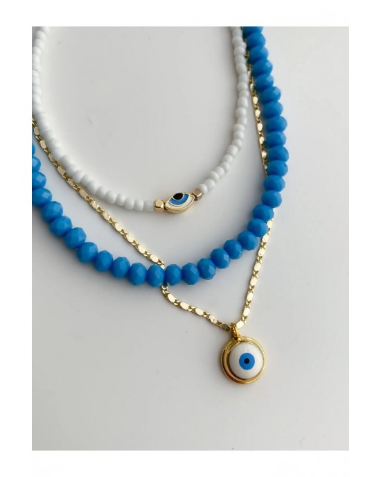 Evil Eye Detail Bead Crystal Stone Triple Set Necklace - Women's Multi-Set Necklace
