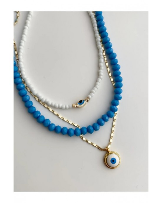 Evil Eye Detail Bead Crystal Stone Triple Set Necklace - Women's Multi-Set Necklace