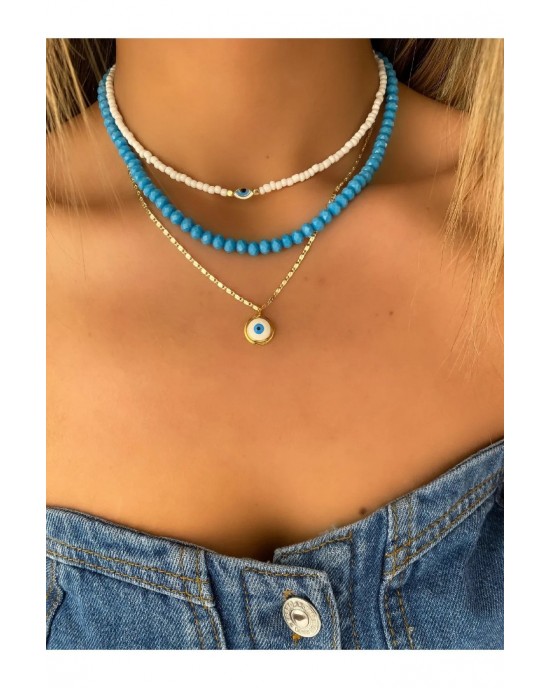 Evil Eye Detail Bead Crystal Stone Triple Set Necklace - Women's Multi-Set Necklace