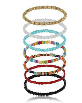 Gypsy Girl Bead Anklet Set - Boho Style Elastic Anklet with 7 Colorful Beaded Bracelets
