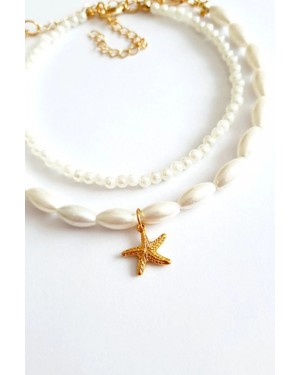 Double Pearl and Starfish Anklet - Elegant Beaded Foot Jewelry for a Chic Look Double Pearl and Starfish Anklet - Elegant Beaded Foot Jewelry for a Chic Look