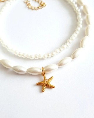 Çift İnci ve Denizyıldızlı Ayak Bileziği - Zarif Boncuklu Ayak Takıları