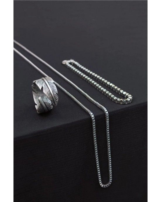 Leaf Feather Shaped Adjustable Silver Plated Ring, Cube Bracelet and Necklace Set - Unique Jewelry Set