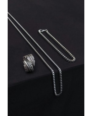 Yaprak ve Tüy Şekilli Ayarlanabilir Gümüş Kaplama Yüzük, Küp Bilezik ve Kolye Seti - Benzersiz Takı Seti