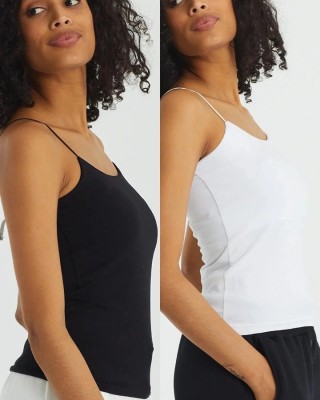 Women's Double Combed Cotton Undershirt - Black and White Combo