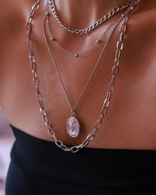 Silver Color 4 Piece Medallion Necklace - Gold Plated Brass Chain Set