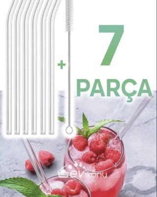 مصاصات شرب زجاجية شفافة قابلة لإعادة الاستخدام, ماصات تقديم الكوكتيل قابلة للغسل,  مصاصات منحنية وفرشاة التنظيف - 6 ماصات من الزجاج القابل للتنظيف