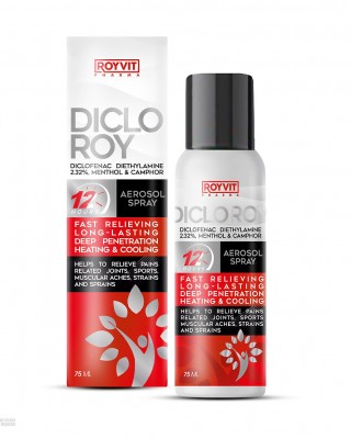 بخاخ ديكلوروي لتخفيف الآلام, تأثثير فوري يدوم 12 ساعة,  تخفيف سريع لآلام العضلات والمفاصل مع المنثول والكافور, مفعول تسخين وتبريد عميق, 75 مل