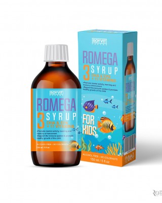 روميغا شراب زيت السمك للأطفال, بأحماض أوميغا 3 و المدعم بـ 16 فيتامين, تعزيز النشاط الذهني والتعلم وتقوية الذاكرة عند الأطفال, 150 مل